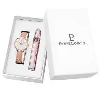 Coffret Femme EOLIA Cadran Blanc Bracelet Cuir Rose