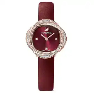 Montre Crystal Flower, Bracelet en cuir, Rouge, Finition or rose