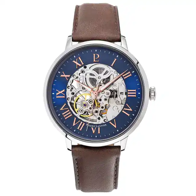 Montre Homme AUTOMATIC cadran bleu bracelet cuir brun 322B164