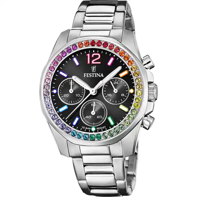 Montre Femme RAINBOW bracelet acier inoxydable argenté cadran noir F20606/3