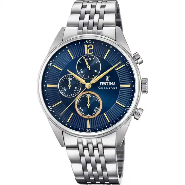 Montre Homme TIMELESS CHRONOGRAPH bracelet acier inoxydable argenté cadran bleu F20285/3