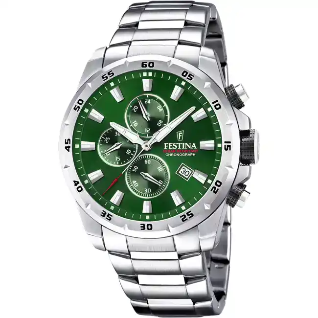 Montre Homme TIMELESS CHRONOGRAPH bracelet acier inoxidable argenté cadran vert F20463/3