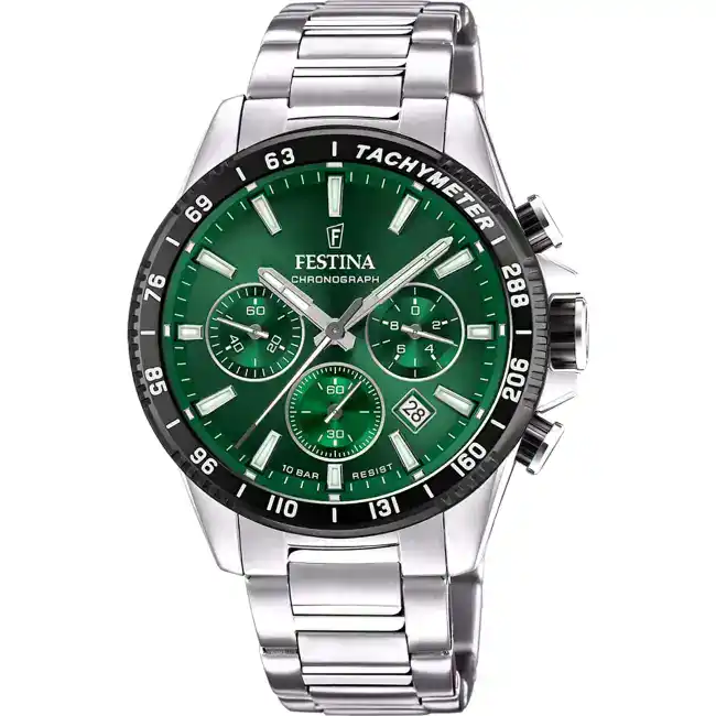 Montre Homme TIMELESS CHRONOGRAPH bracelet acier inoxydable argenté cadran vert et noir F20560/4